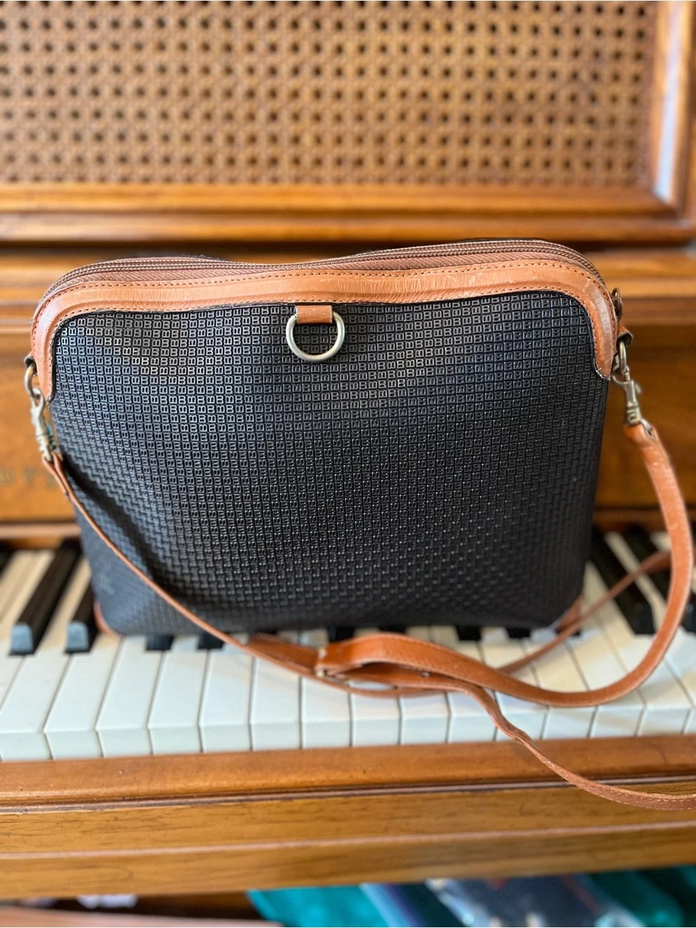 Bally Vintage Black & Brown Monogram Coated Canvas Embossed “B” Crossbody Made